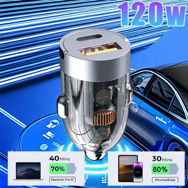 G20T 12-24V 120W USB+Type-C Fast Charging Adapter Transparent Car Charger with Type-C to Type-C Cable G20T 12-24V 120W USB+Type-C Fast Charging Adapter Transparent Car Charger with Type-C to Type-C Cable